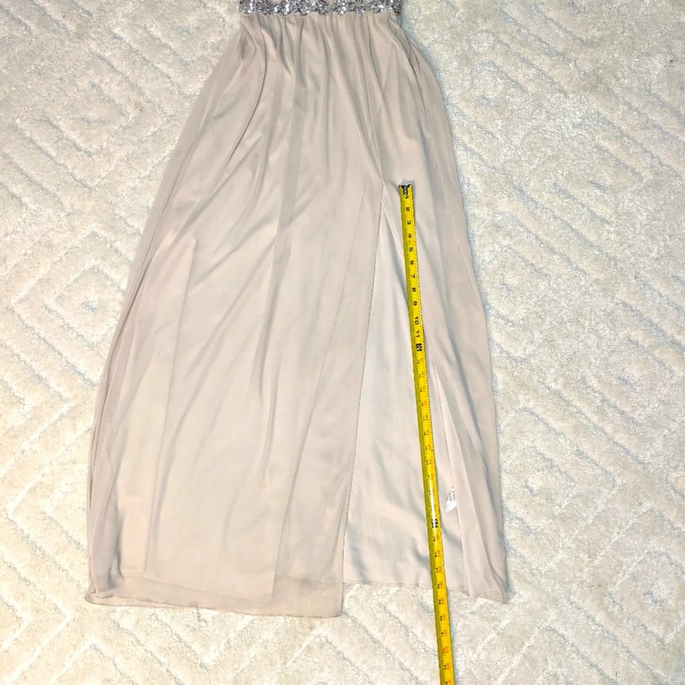 City Triangle Beige Shoulder Strapped Gown w/ Pleated Chest & Side Slit, 7 - Picture 7 of 12